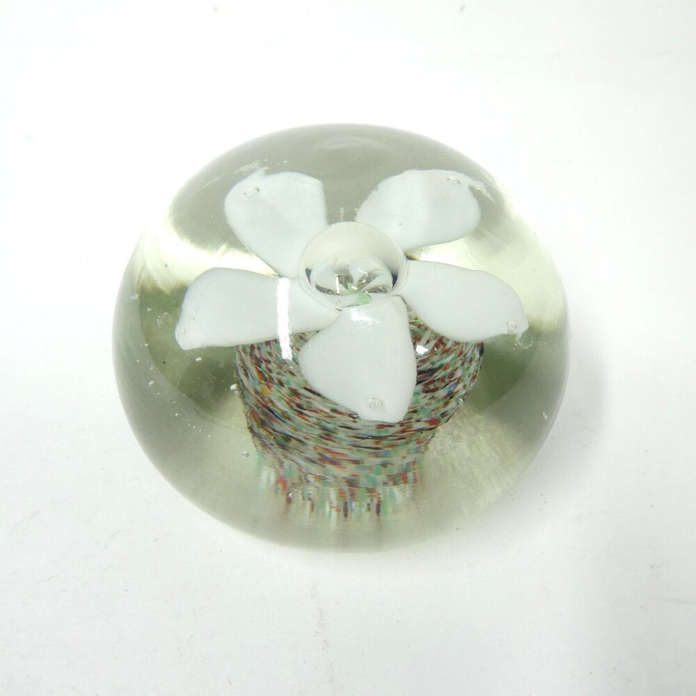 Art Glass Paperweight White Flower Multicolor Clear